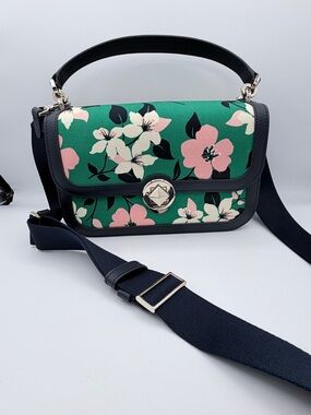 Kate Spade Audrey Floral Flap Crossbody Bag Green Botanical Canvas Navy Trim